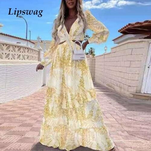 Sexy Deep V-Neck Hollow Out Long Party Dress Women Elegant Print Ruffle Loose Maxi Dress Fashion Long Sleeve Boho Beach Dresses