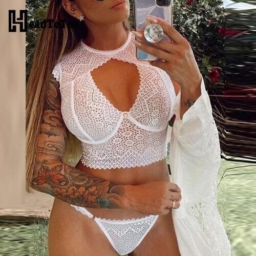Sexy Lace Cut-out Skinny Sleeveless Cropped Top With Panties Suit Sets