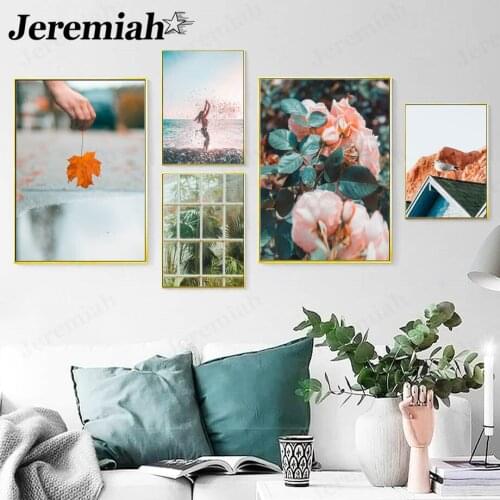 Modern Pink Rose Canvas Painting Seaside Girl Playing with Water Maple Leaf Poster Wall Art Nordic Home Living Room Decoration