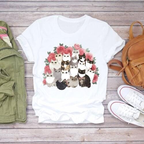 Women Cat Flower Clothing Floral Kawaii 90s Animal Fashion Print Lady T-shirts Top Womens Graphic T Shirt Female Tee T-Shirt