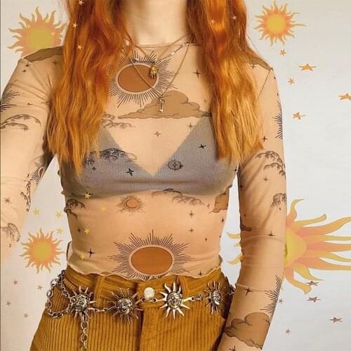Y2k See Through Tops Women Casual Mesh Blouse Printed Round Collar Summer Long Sleeve Mesh Crop Tops