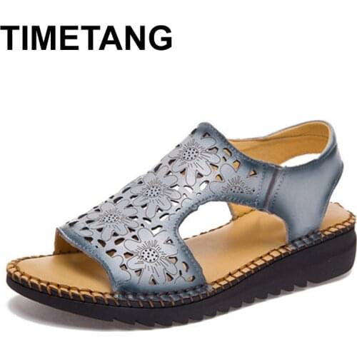 TIMETANG 2021Retro Genuine Leather Women Sandals Cut-Outs Women Flats Sandals Summer 3 Colors Cow Leather Mother Summer Shoes