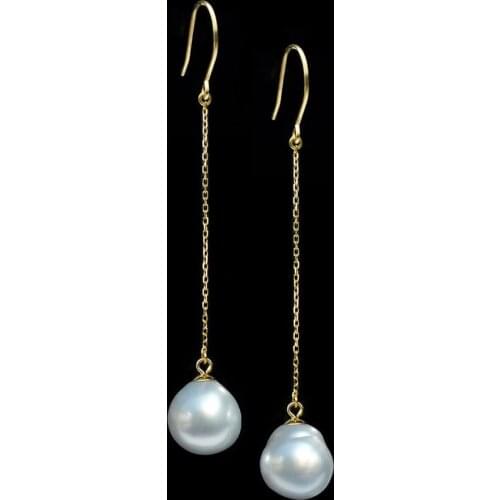 10-11MM White Genuine South Sea Pearl Long Drop Earrings 18K Yellow Gold