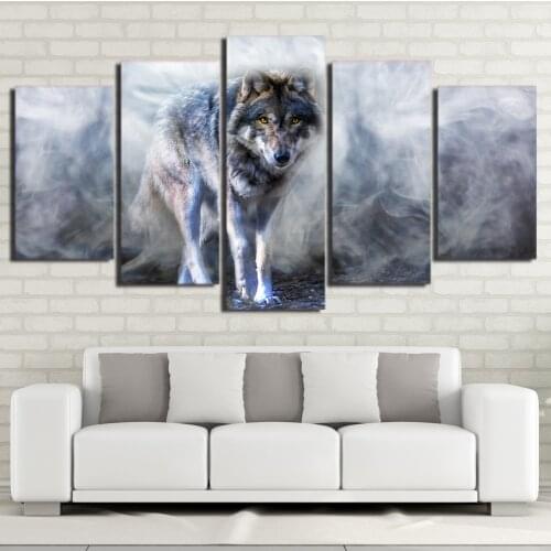 Wall Print 5 Piece Wolf Painting Modular Poster White Smoke Canvas Framework Art For Living Room Home Decor Artwork
