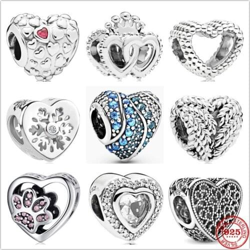 New 925 Sterling Silver Snake Chain Pattern Open Sparkling Heart Charm Beads Fit Original Pandora Bracelet DIY Jewelry For Women