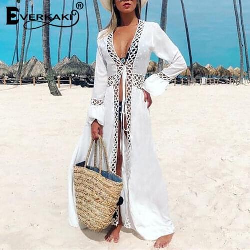 Everkaki Chiffon Long Kimonos Women Summer Beach Robes Boho Hollow Out White Bikini Robes Outerwear Kimono Beachwear Female 2021