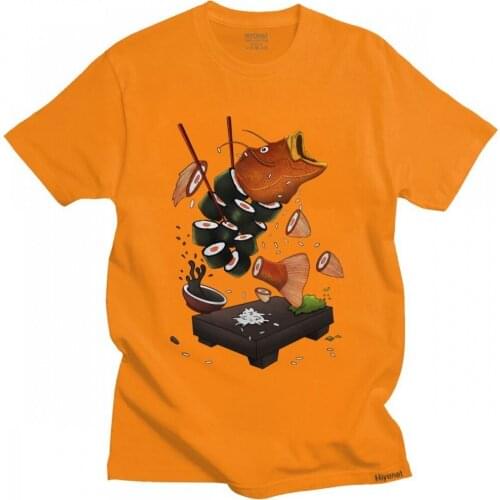 Funny Sushi Fish T-shirt Men Pre-shrunk Cotton Japan Food Tee Shirt O-neck Short Sleeved Urban Graphic Tshirt Clothes