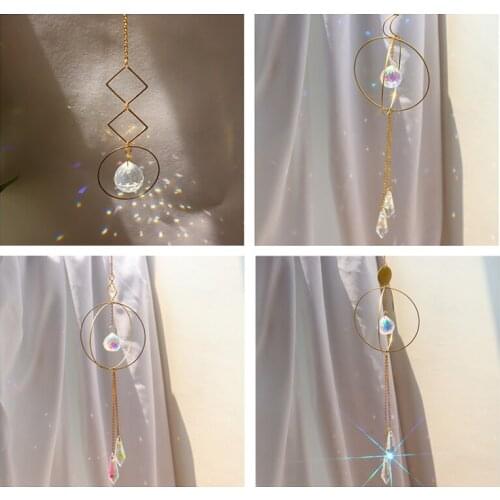 Crystal Wind Chime Pendant Metallic Hoop Moon Sun Hanging Drop for Outdoor Indoor Garden Chandelier DIY Decorations