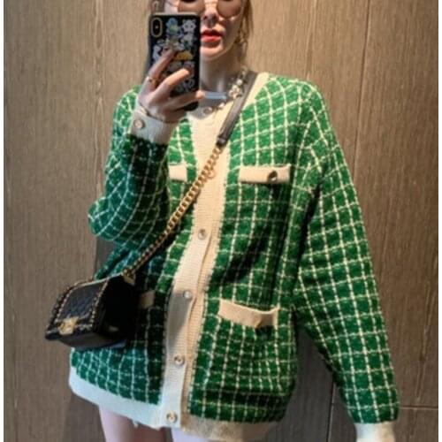2020 Autumn Winter Women New Loose Single Breasted Versatile Long Sleeve Panelled Plaid Top Knitted Cardigan Sweater C606