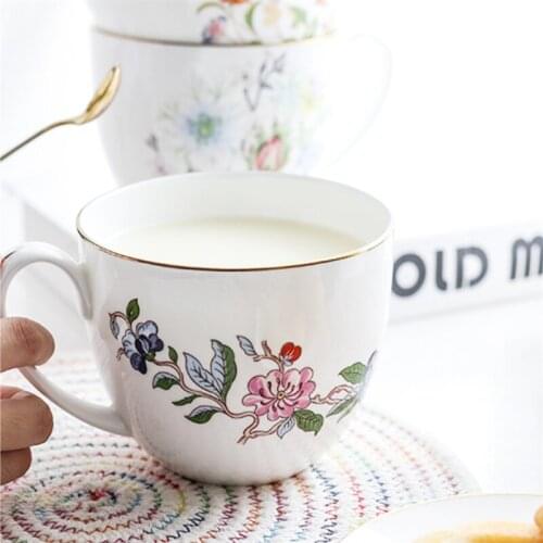 European Bone China Coffee Mug Ceramic Creative Rose Bird Flower Pattern Milk Cereal Cup Tea Instant Noodles Bowl Drinkware