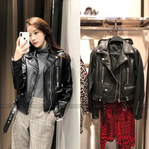ZCWXM Women Pu Leather Jacket Zipper Belt Short Coat New Autumn Female Black Punk Bomber Faux Leather Outwear