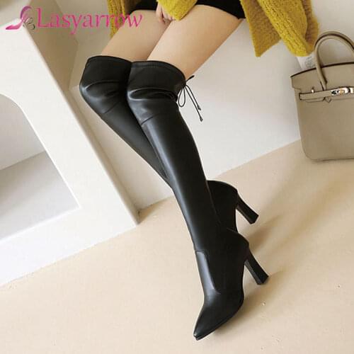 Lasyarrow 2020 new arrive over the knee boots women pointed toe lace up autumn winter high heels sexy party prom shoes woman
