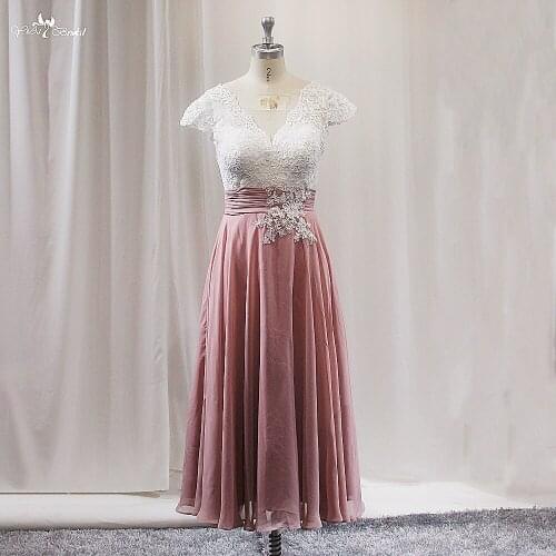 LZF134 Sweet Ivory Appliques Dusty Pink Prom Dresses V Neck Cap Sleeve Princess Party Dress Chiffon A-Line Formal Evening Gown