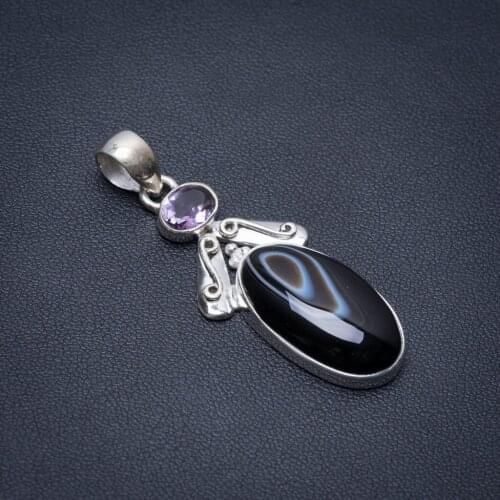 Natural Botswana Agate and Amethyst Punk Style 925 Sterling Silver Pendant 2" S1235