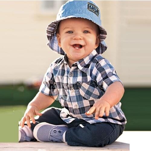 Denim baby boy clothes baby wear boys 2018 summer Casual plaid Shirt +denim Shot 2 pcs kids new born baby clothes set