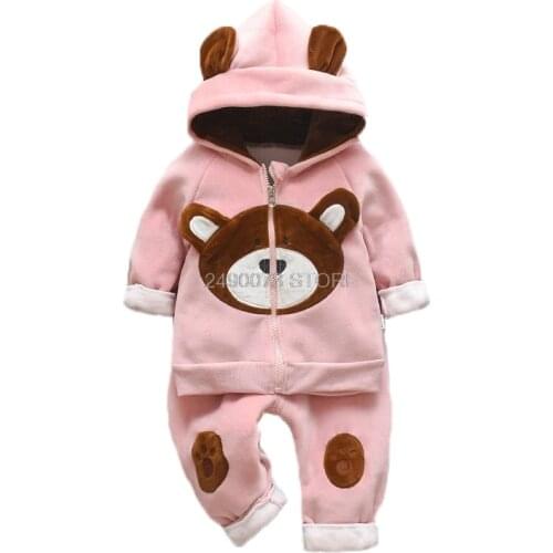 Baby boys clothes warm cotton suit Bear cartoon printing plus velvet padded Coat baby girls hooded clothes two-piece