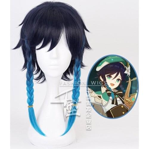 2021 Genshin Impact Venti Gradient Blue Short Braided Cosplay Heat Resistant Synthetic Hair Wig Halloween Carnival Party Costume