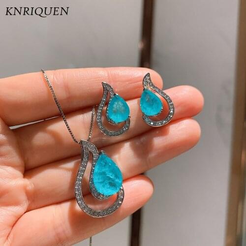 Charms 925 Sterling Silver Gemstone Jewelry Sets for Women Luxury Water Drop Paraiba Tourmaline Stone Pendant Necklace Earrings