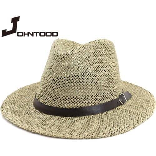 2021 New Sun Hat Man Women Straw Summer Beach Jazz Panama Fedora UV Protection Wide Brim Flat Holiday Outdoor Cap with Belt