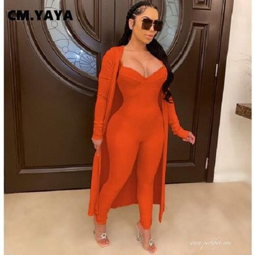 CM.YAYA Active Two 2 Piece Set for Women Fall Winter Fitness Outfits X-Long Cloak Tops + Jumpsuit Matching Set Street Tracksuit