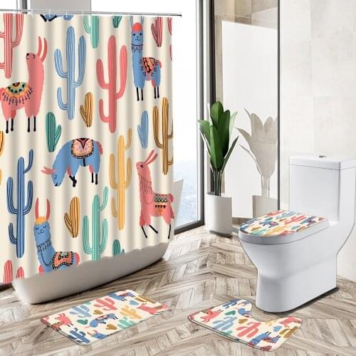 Alpaca Pattern Shower Curtain Cartoon Animals Cactus Plant Non-Slip Pedestal Rug Toilet Cover Child Baby Bathroom Decoration Set