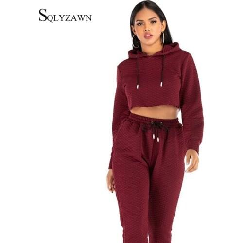 Women Hoodies Cropped Pullover Sweatshirt Jogger Pants Causal Fall Winter Wine Red Matching 2 Piece Fitness Tracksuit Set Outfit