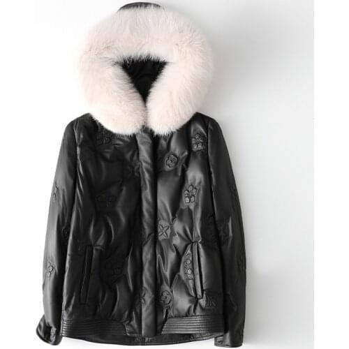 Fall Fashion Fox Collar Hooded Leather Down Jacket Women Casual Sheepskin Coat Winter Warm Thick High Quality Genuine Fur Jacket