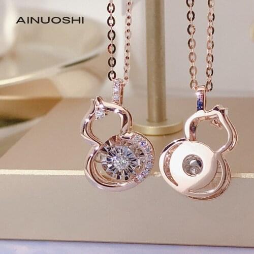 AINUOSHI 18K Gold Round Cut 0.095ct Real Diamond Gourd shape Dancing Pendant Necklace Anniversary Ladies Jewelry Gift 18