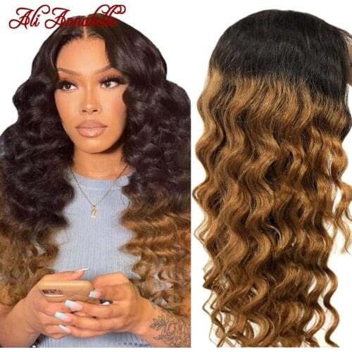 ALI ANNABELLE T1B/30 Loose Deep Lace Wigs Pre-Plucked For Women Brazilian Human Hair Wigs 30 Colored 4x4 Lace Closure Wigs Ombre
