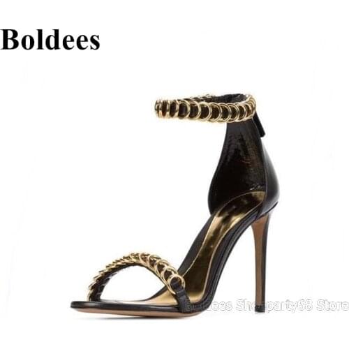 Fashion Black Concise One Belt Strap Designer High Heel Sandals Woman Sexy Golden Circle Summer Ankle Wrap Party Dress Shoes