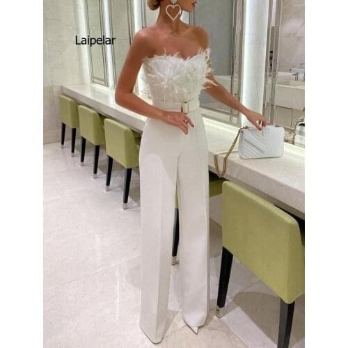 Elegant Women One Piece Suit Boat Neck Strapless Long Jumpsuit Feather Tube Top Sexy Evening Party Jumpsuit Summer 2021
