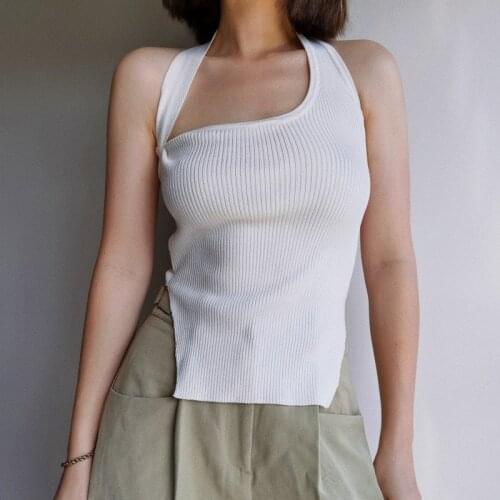 TVVOVVIN French Irregular Halterneck Vest Sexy Open Back Stretch Slimming Retro Solid Casual Fashionable Knit Top Fpr Wpman N7IY