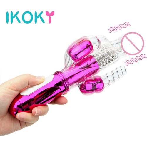 IKOKY 360 Degree Rotation Dildo Vibrator G-Spot Vagina Massager Clitoris Stimulation Rabbit Vibrator Transfer Beads AV Rod