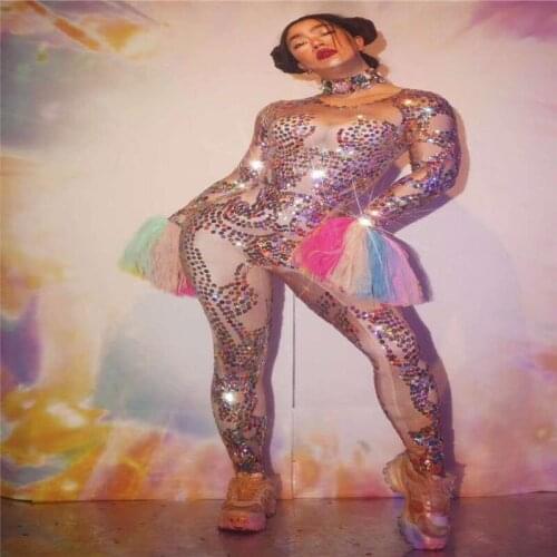 H28 Party wears sexy singer perform colorful rhinestones jumpsuit long sleeve diamonds leotard tights crystal siamese women show