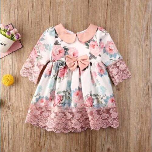 Fashion Girls Kids Sweet Flower Dress Lace Mesh Yarn Stitching Peter Pan Collar A-Line Dress Girls Princess Dress