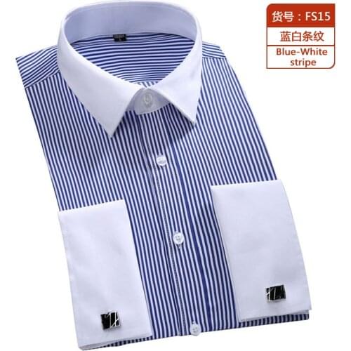 French Cuff Mens Formal Business Dress Shirt Stripe Male Party Wedding Tuxedo Shirts with Cufflinks
