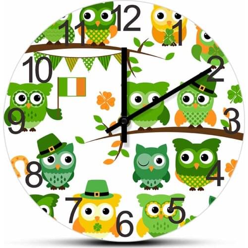 Saint Patricks Day Themed Owls Wall Clock Baby Owl Bird Shamrock Silent Clock Watch For Living Room Irish Home Decor Timepieces