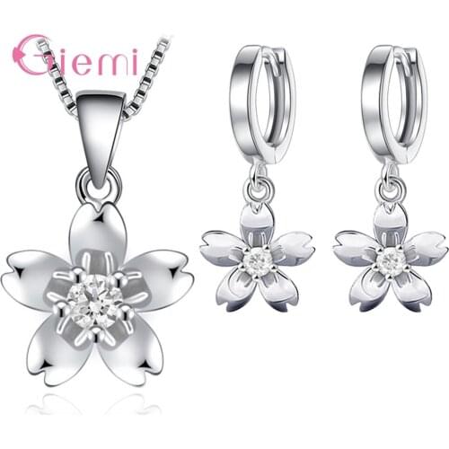 Creative Sweet 925 Sterling Silver Cubic Zircon Peach Blossom Earrings Pendant Necklace Jewelry Kits Elegant Simple Ornament