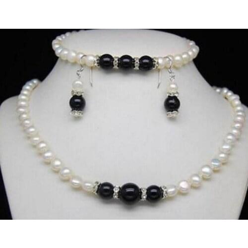 New hot Excellent Lovely 8-9mm white Pearl Black agate Necklaces Bracelets Earrings set