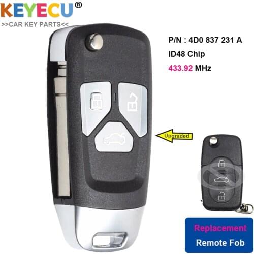KEYECU Upgraded Flip Remote Car Key for Audi A3 A4 A6 A8 Old Models 1999-2002, Fob 3 Button - 433.92MHz - ID48 Chip - 4D0837231A