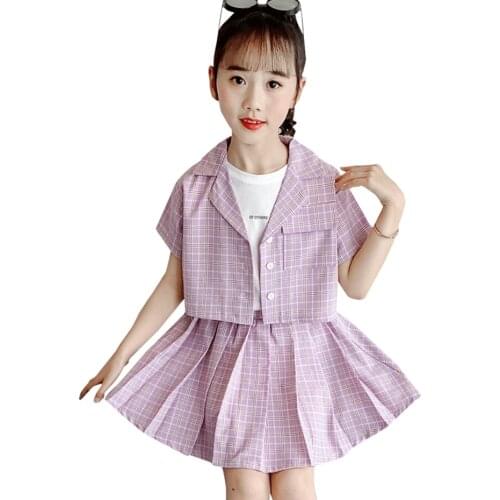 Clothes For Girls Plaid Pattern Suit For Girls Jacket + Skirt Girls Clothes Set Summer Childrens Clothes 6 8 10 12 14
