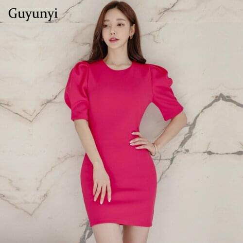 Rose Red Elegant Party Dress 2021 Summer Korean Style Mini Dress Puff Sleeves Gift Necklace High Waist Tight Office Lady Dress