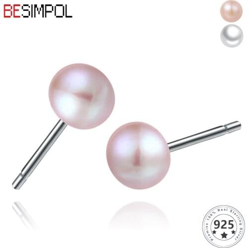 Besimpol Real Natural Freshwater Pearl Stud Earrings For Women 925 Silver Ear Stud Earrings Wear to Sleep Anti Allergy Jewelry