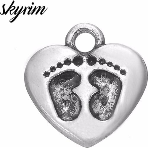 Skyrim Lovely Baby Footprint On Heart Design Fashion Charm For Jewelry Making Accessories DIY Handmade Floating Pendants 10Pcs