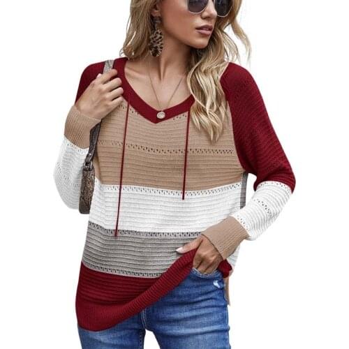 Hooded Sweater Patchwork Color Women 2021 Autumn Fashion Plus Size Long Sleeve V-neck Office Lady Vintage Pullover Tops