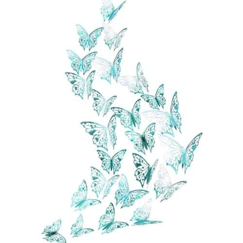 12/36Pcs Dream Blue Mirror Teal Paper Hollow 3D Butterfly Wall Decal Removable Mural Sticker for Wedding Engagement Baby Shower