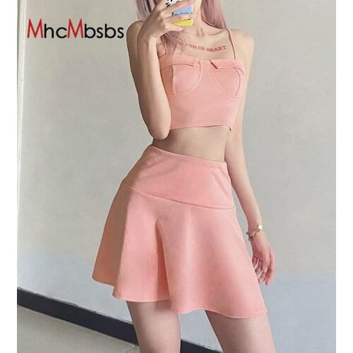 Women High Waist Pleated Mini Skirts Sweet Cute Cosplay Pink Skirt Outfits+Straps Backless Cami Crop Tops 2021 Summer 2 Pcs Set