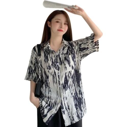 EFINNY Women Blouses Korean Vintage Tie-dyed Blouse Turndown Collar Top Femme Summer Loose Chiffion Shirt Casual Womens Tops