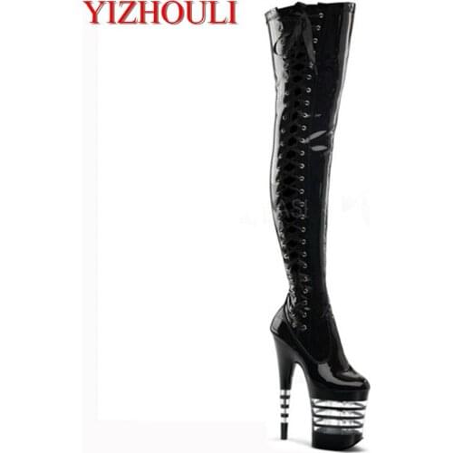 20cm womens shoes, high heels, lace-up style boots, thick soles striped spray paint, stage boots