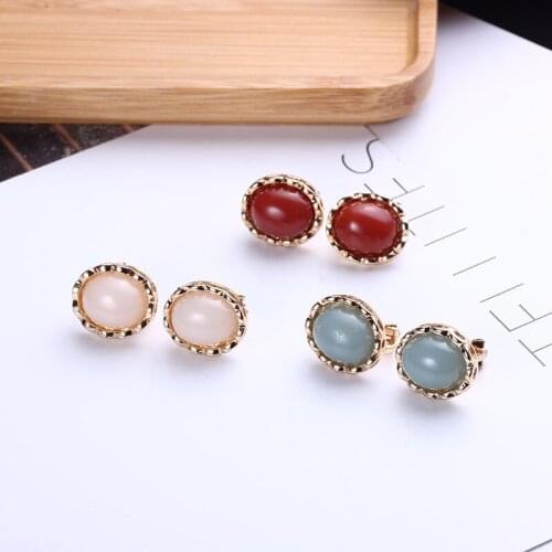 Ladies Clip Earrings Stone Oval Retro Balls Stud Small Clip On Earrings Without Piercing Women Simple Vintage Earing Accesories